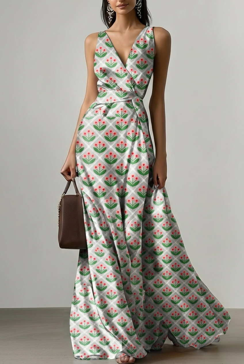 FS060 White Flower Checkered Printed Fabric