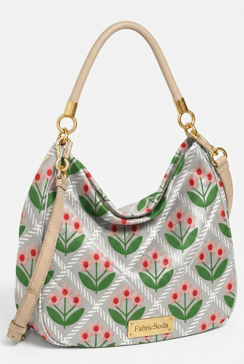 FS060 White Flower Checkered Printed Fabric