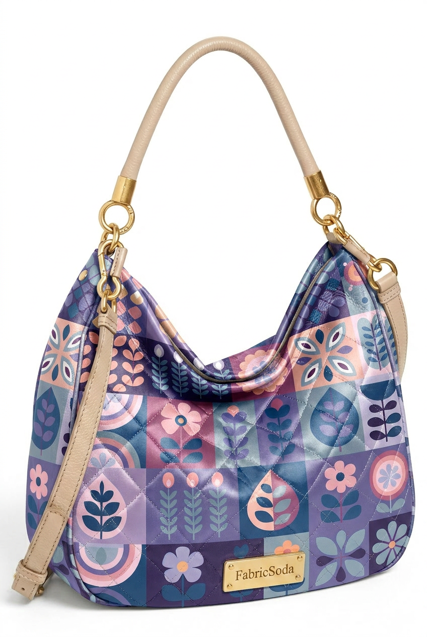 FS067 Purple Floral Checkered Printed Fabric