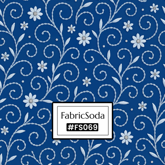FS069 White Floral on Blue Printed Fabric