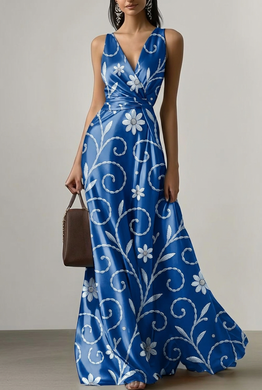 FS069 White Floral on Blue Printed Fabric