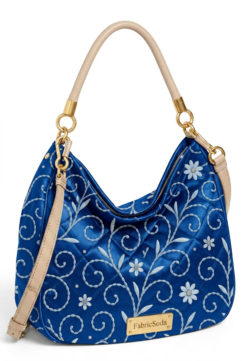 FS069 White Floral on Blue Printed Fabric