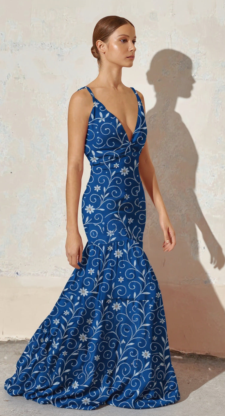 FS069 White Floral on Blue Seamless Pattern JPG