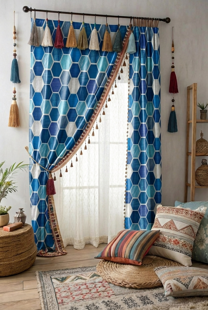 FS070 Blue Shades Geometric Printed Fabric for curtain 