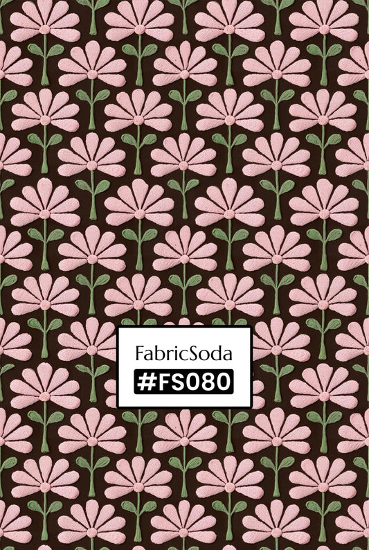 FS080 Pink Flower Embroidery Effect Printed Fabric