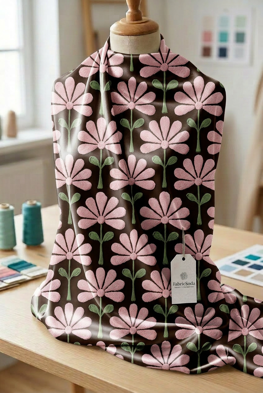 FS080 Pink Flower Embroidery Effect Printed Fabric