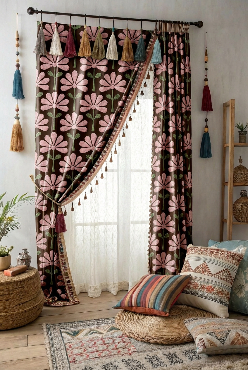 FS080 Pink Flower Embroidery Effect Printed Fabric for curtain 
