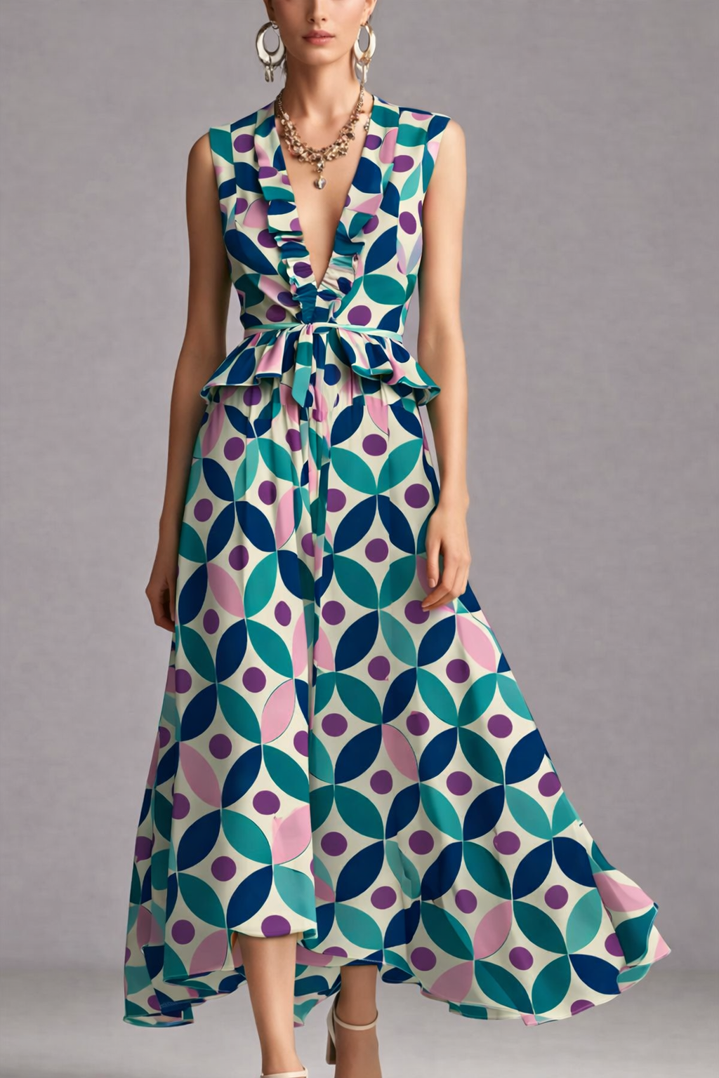 FS081 Pink and Green Geometric Printed Fabric