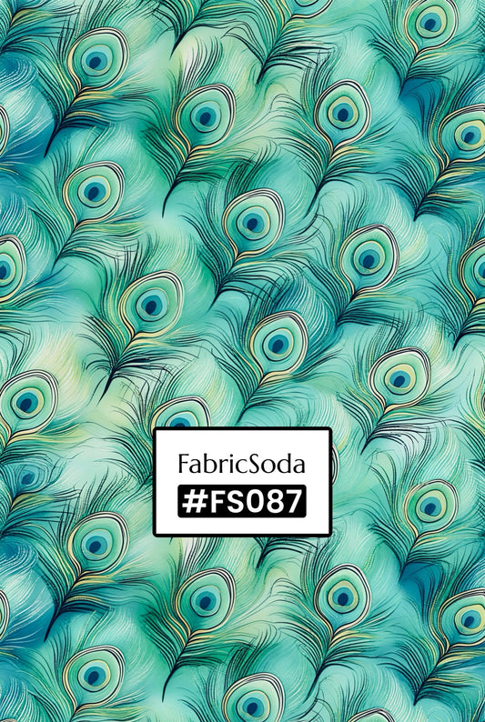 FS087 Soft Teal Peacock Feather Printed Fabric