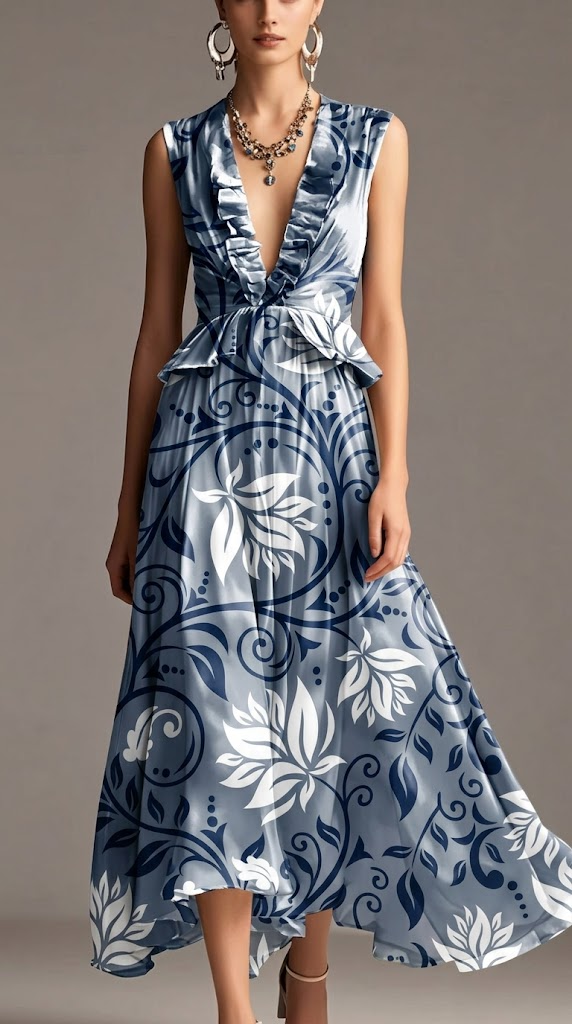 FS089 Greyish Blue Floral Printed Fabric