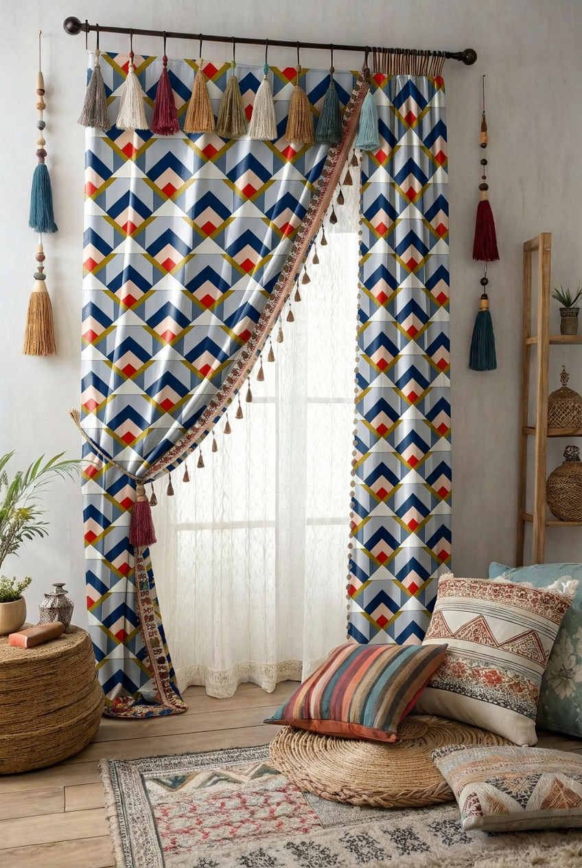 FS092 Blue Arrow Geometric Fabric for curtain 