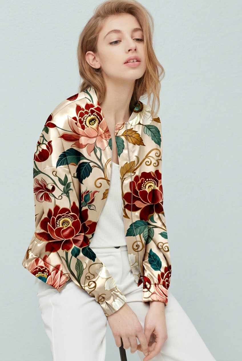 FS093 Peonies on Beige Floral Fabric For Clothing 