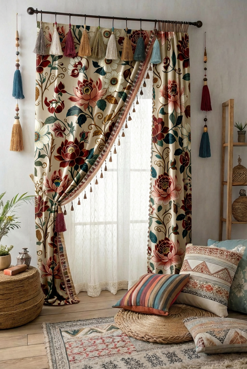 FS093 Peonies on Beige Floral Fabric for curtain 