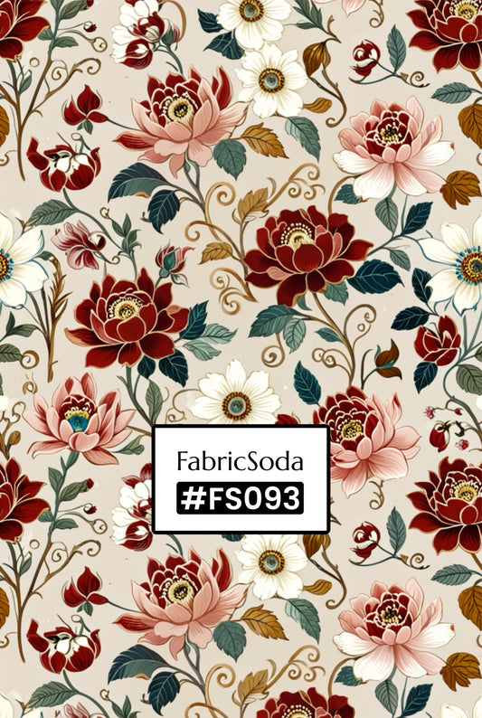 FS093 Peonies on Beige Vines Printed Fabric