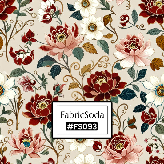 FS093 Peonies on Beige Vines Printed Fabric