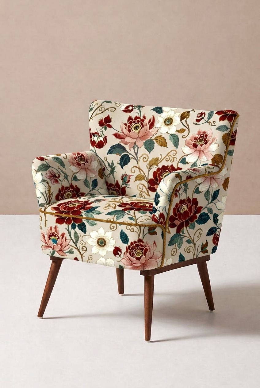 FS093 Peonies on Beige Vines Printed Fabric