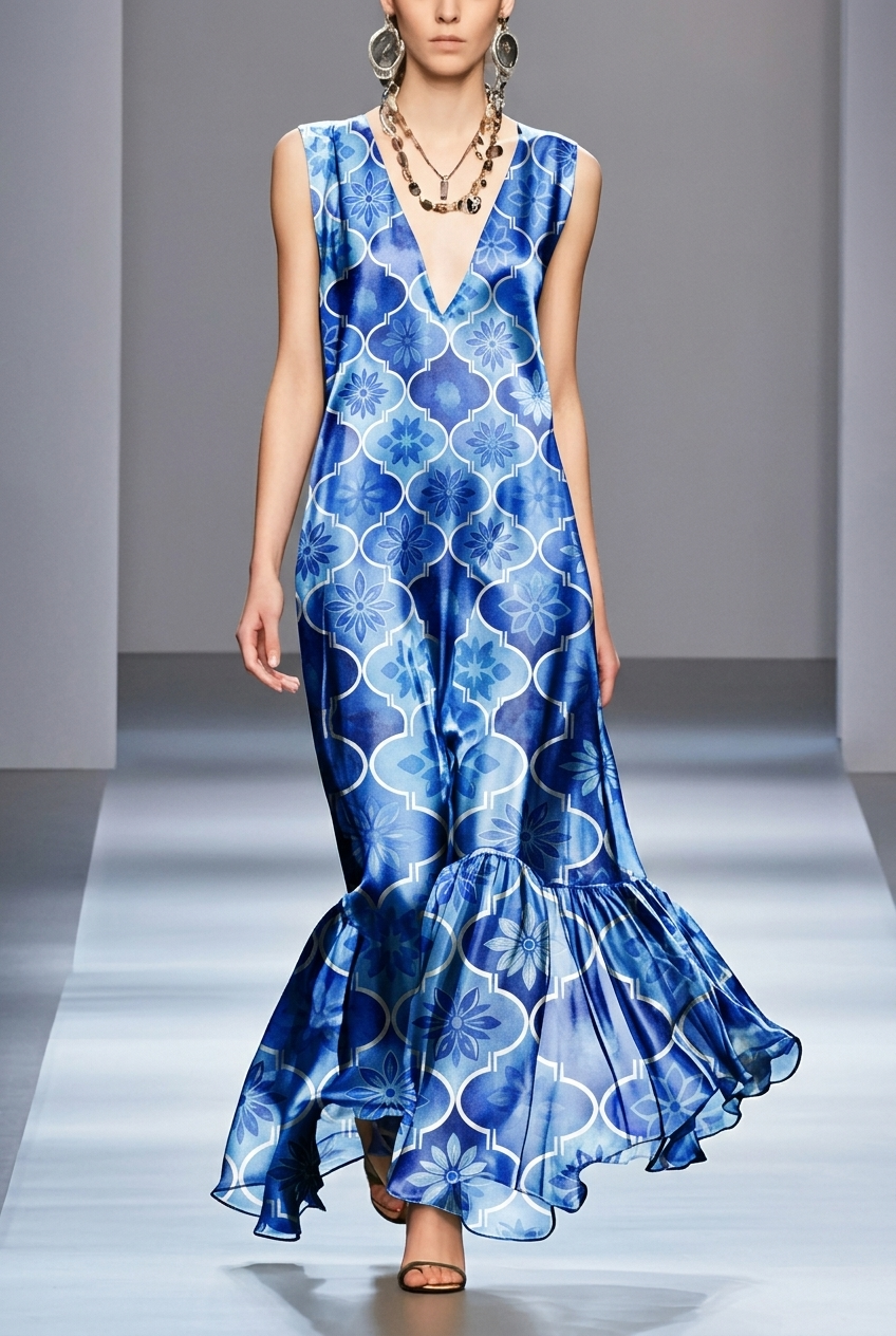 FS096 Blue Watercolour Floral Printed Fabric