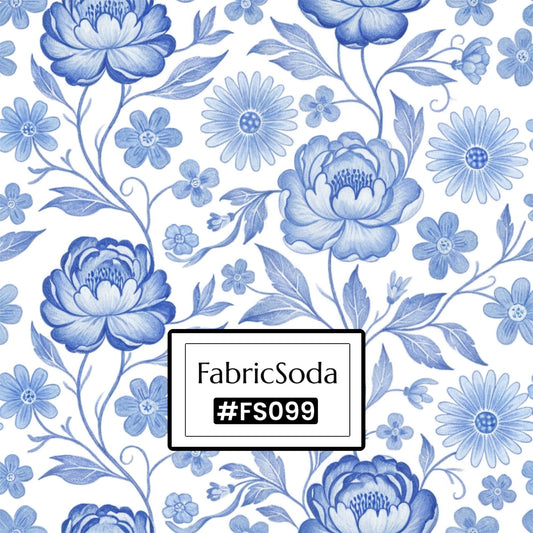Blue floral pattern with 'FabricSoda' branding on a white background