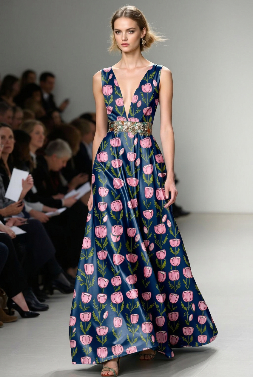 FS108 Pink Floral on Navy Printed Fabric