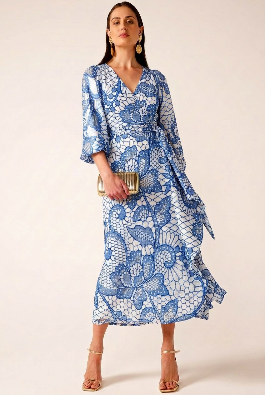 FS109 Blue Floral Lace Printed Fabric