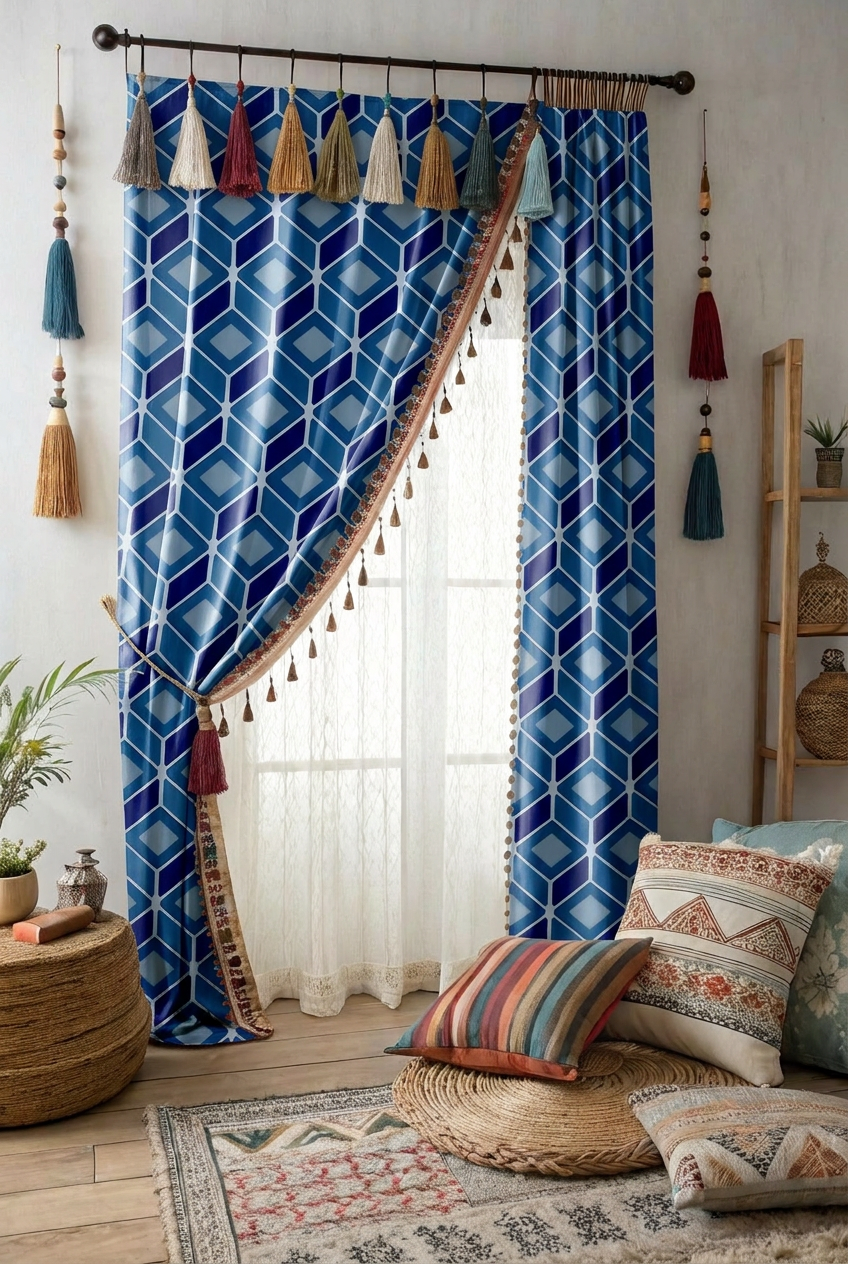 FS114 Blue Cube Geometric Fabric For curtain 