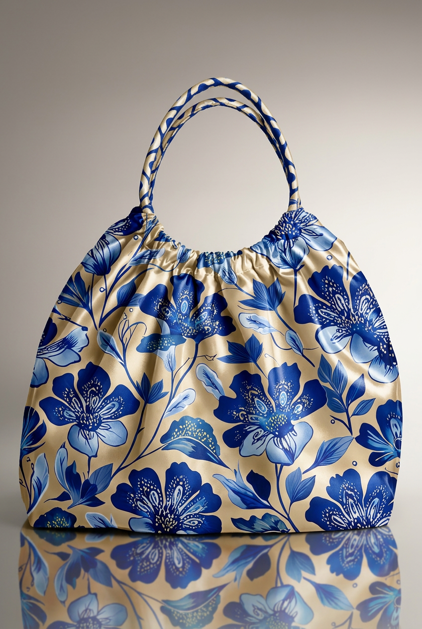 FS115 Blue Flower on Beige Fabric For bag