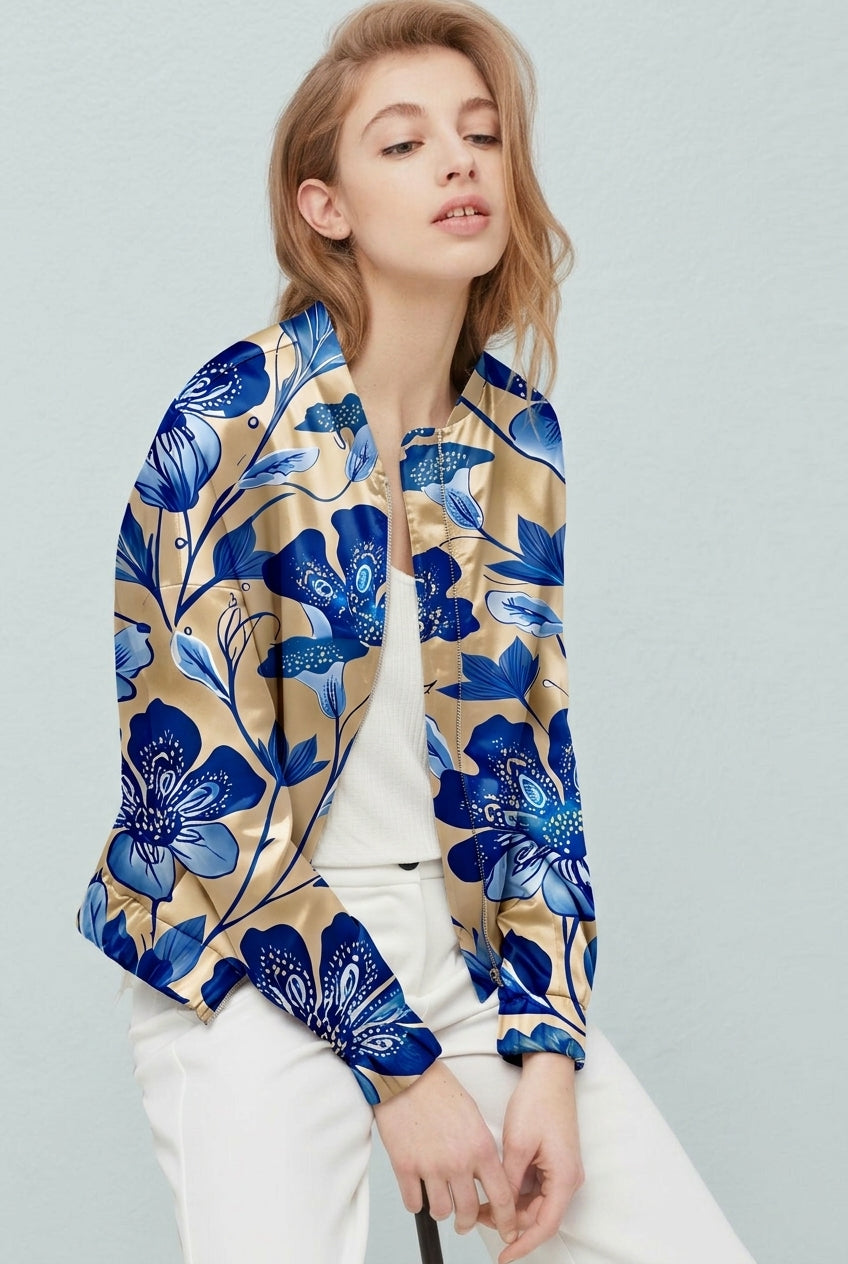 FS115 Blue Flower on Beige Fabric For clothing 