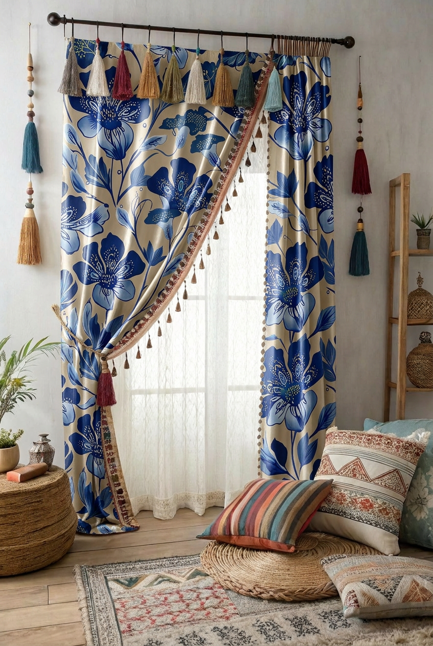 FS115 Blue Flower on Beige Fabric For curtain 