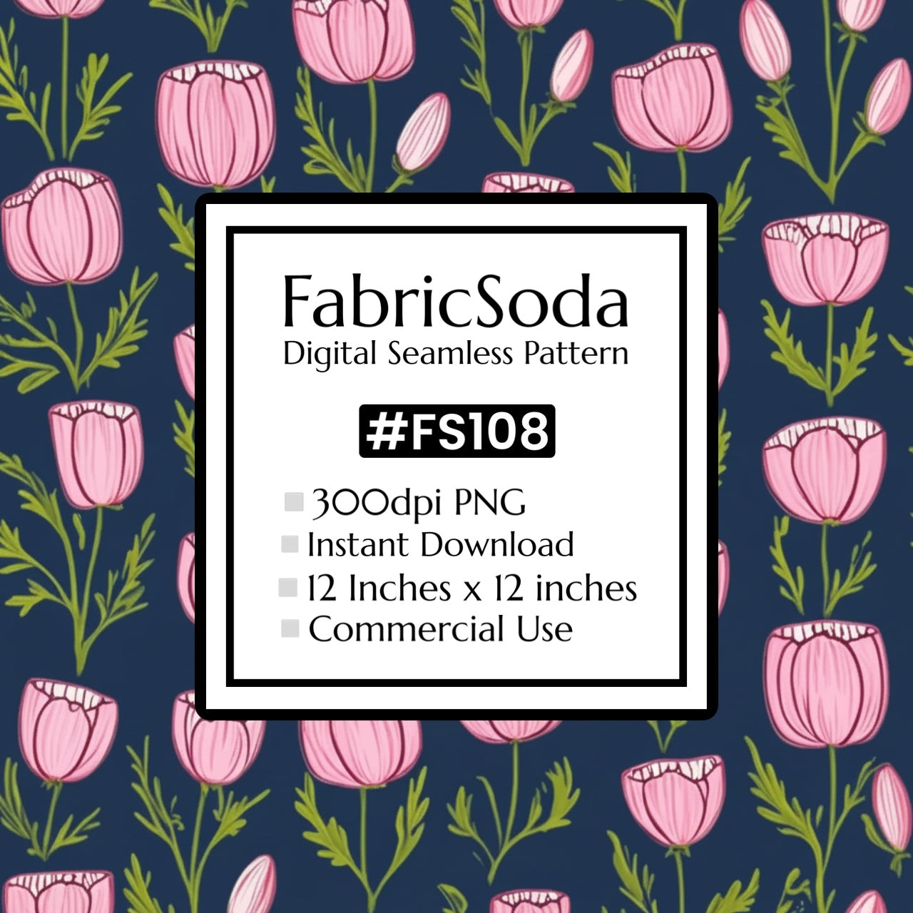 FabricSoda digital seamless pattern with pink tulips on a blue background