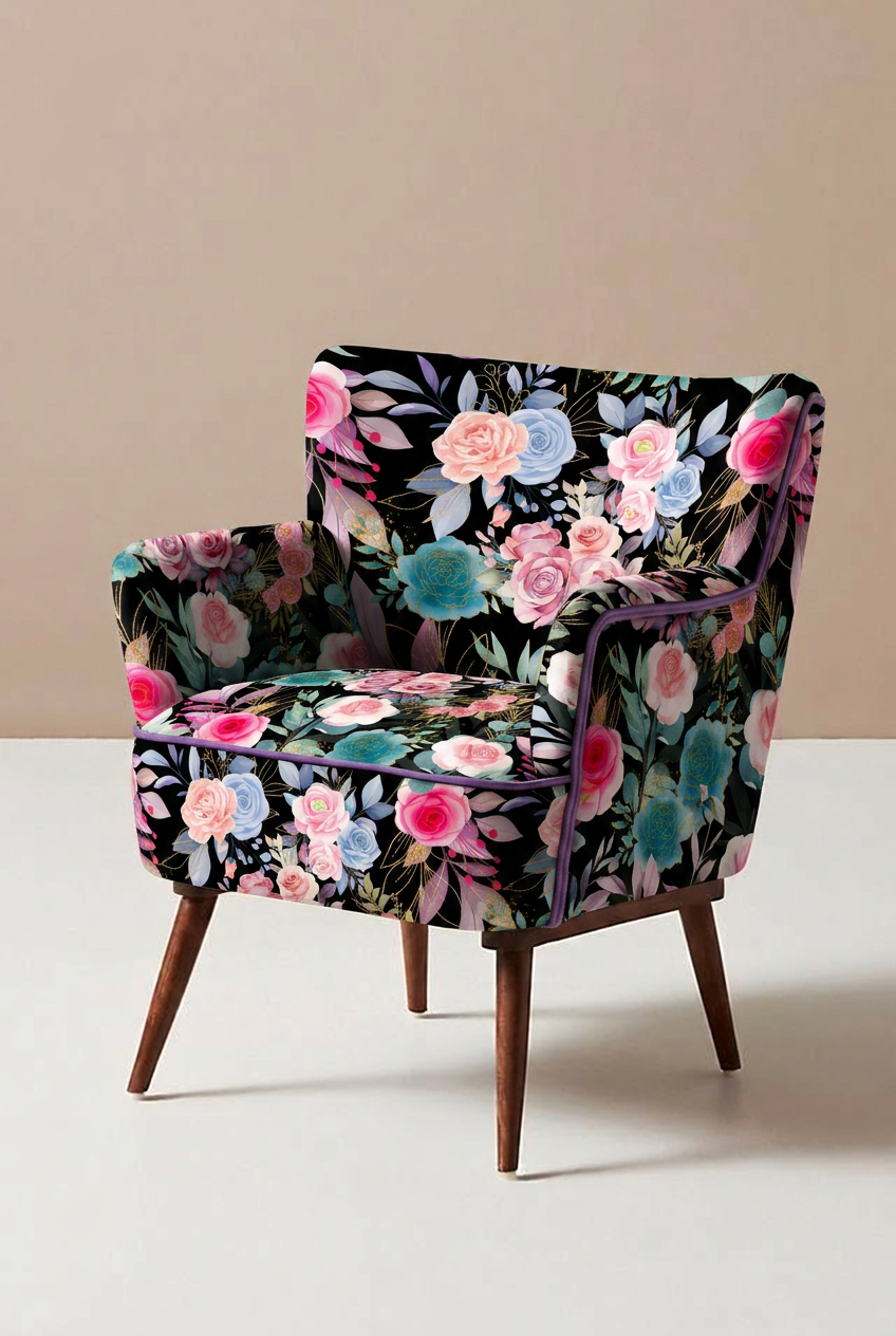 Floral-patterned chair on a white surface with a beige background
