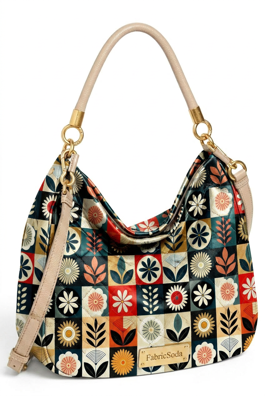 Patterned handbag with floral and geometric design on a white background