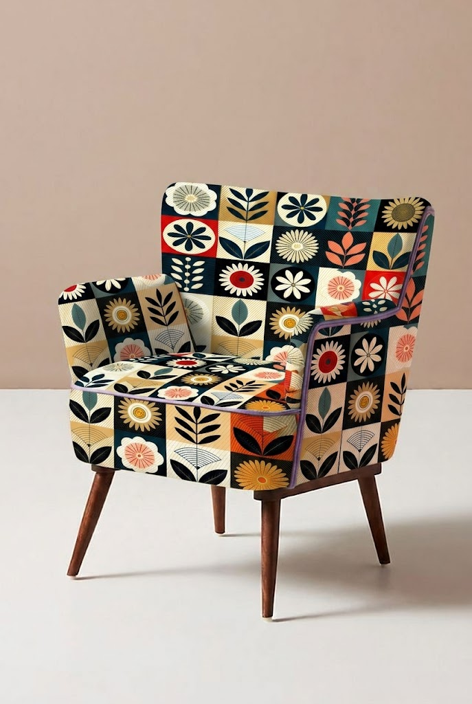 Chair with a colorful floral pattern on a plain background
