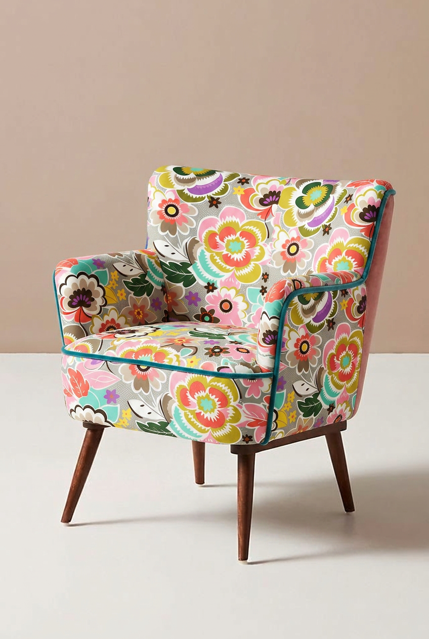 Floral patterned armchair on a plain background