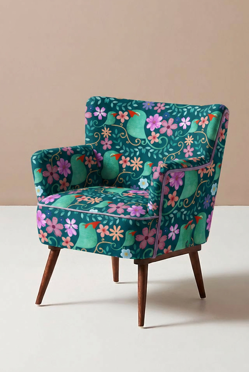 FS048 Green Bird Floral Printed Fabric