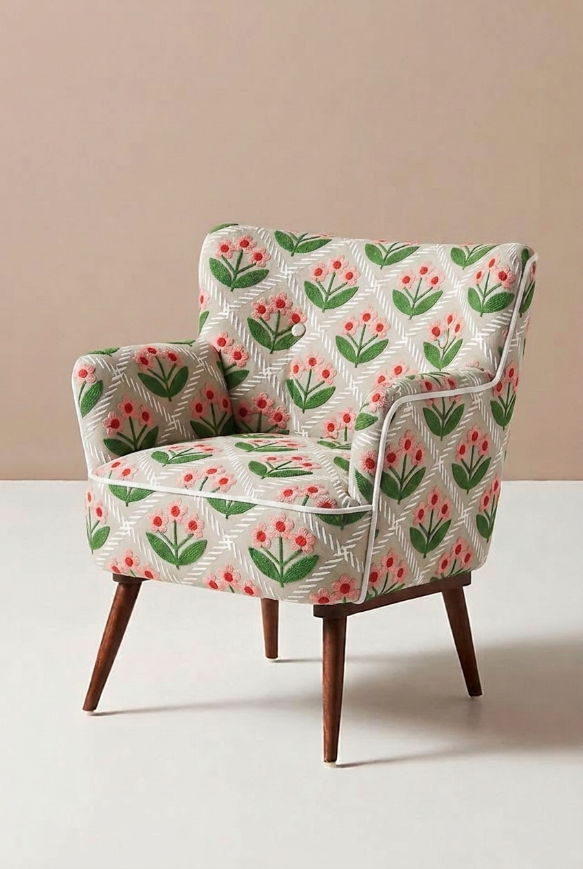 FS060 White Flower Checkered Printed Fabric