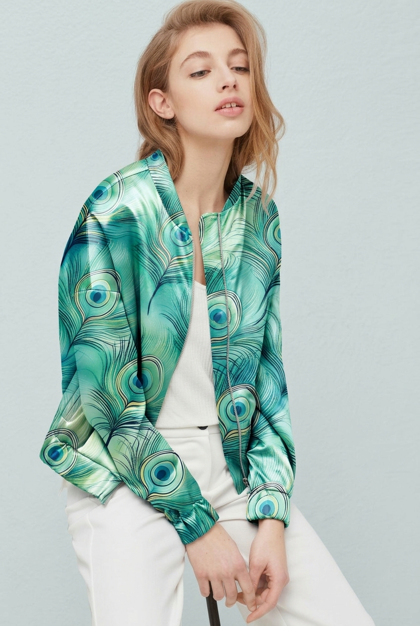 FS087 Soft Teal Peacock Feather Printed Fabric