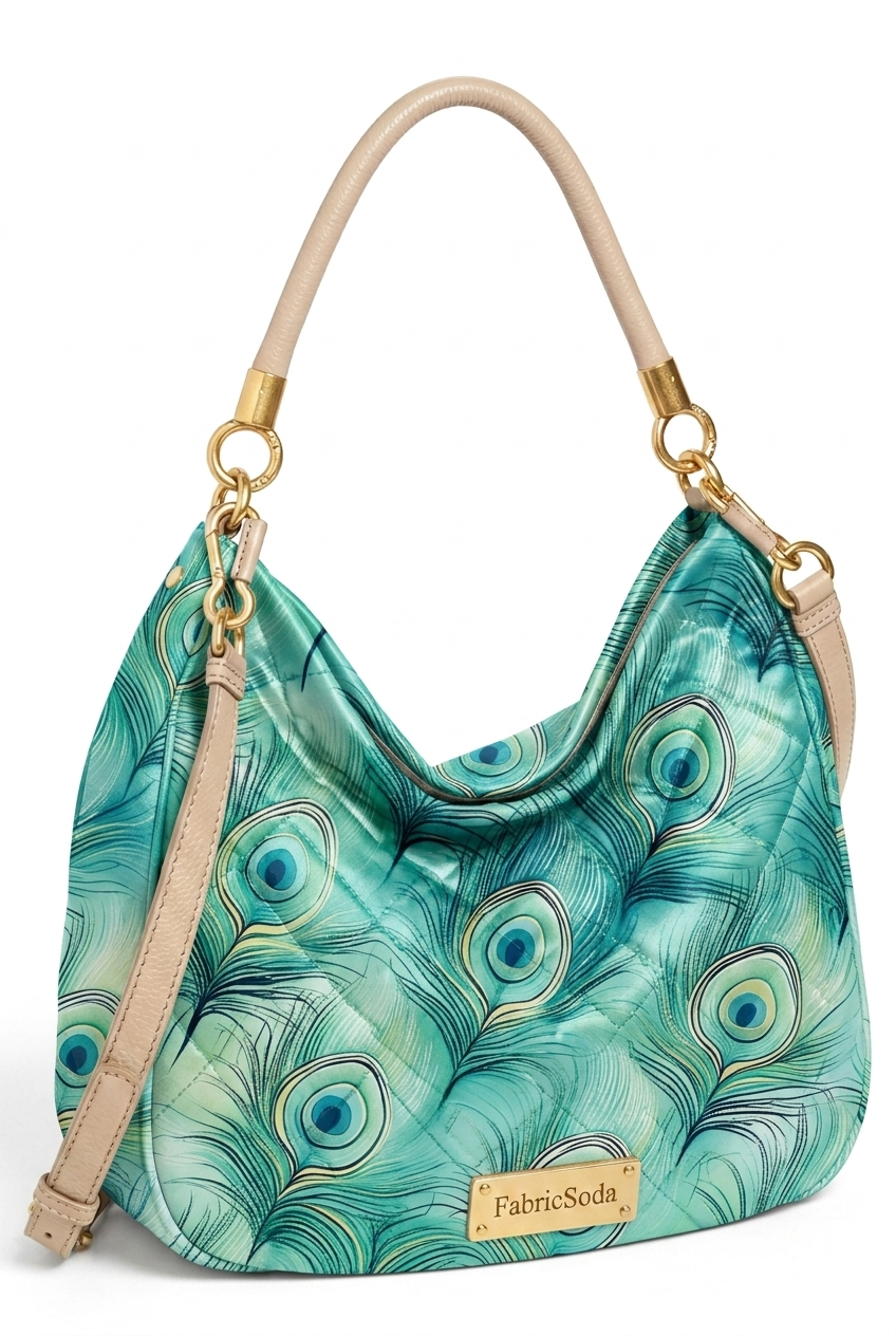 FS087 Soft Teal Peacock Feather Printed Fabric