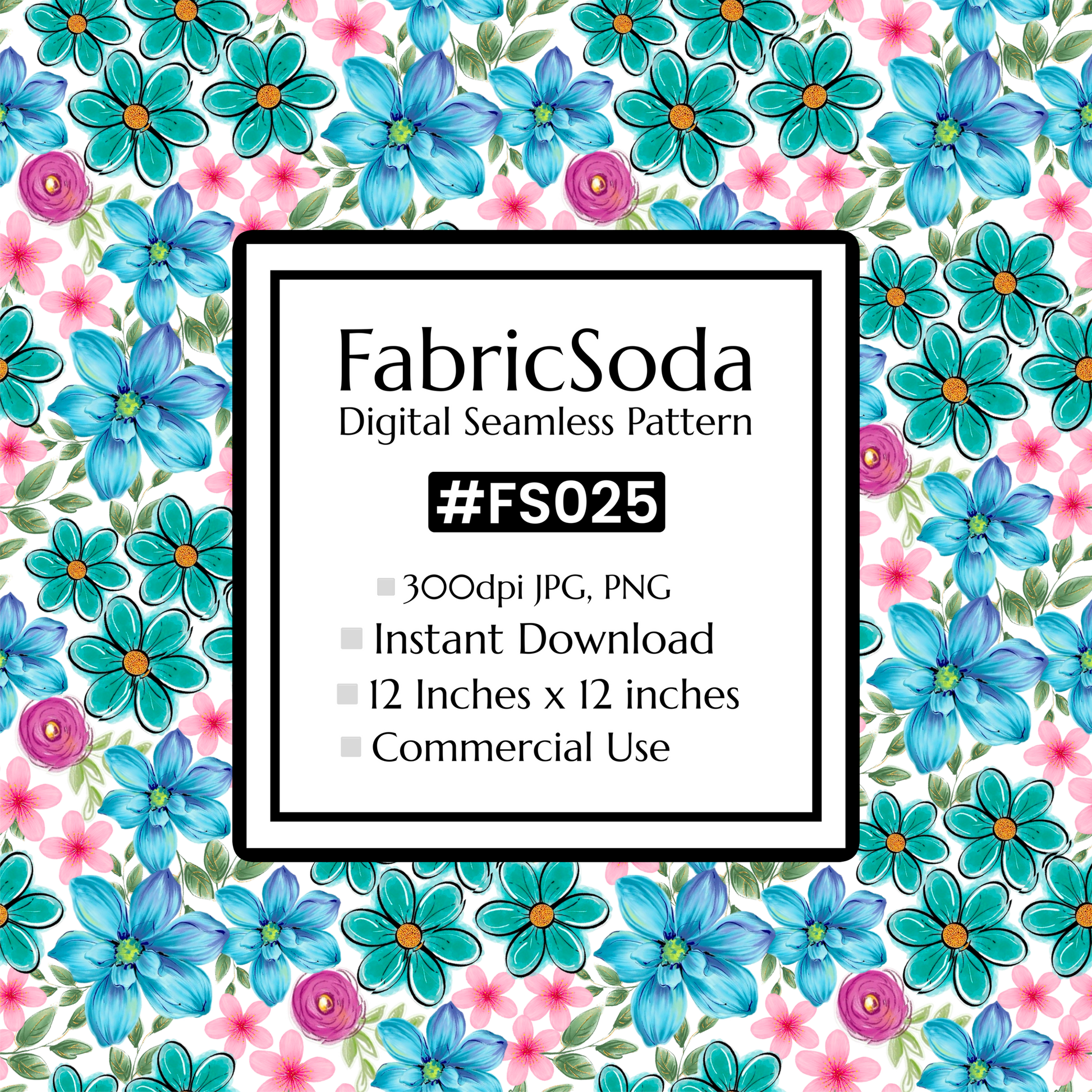 FS025 Blue Watercolour Floral Seamless Pattern JPG PNG