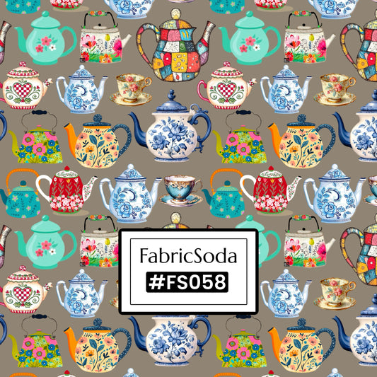 FS058 Teapot Art Beige Cotton Printed Fabric