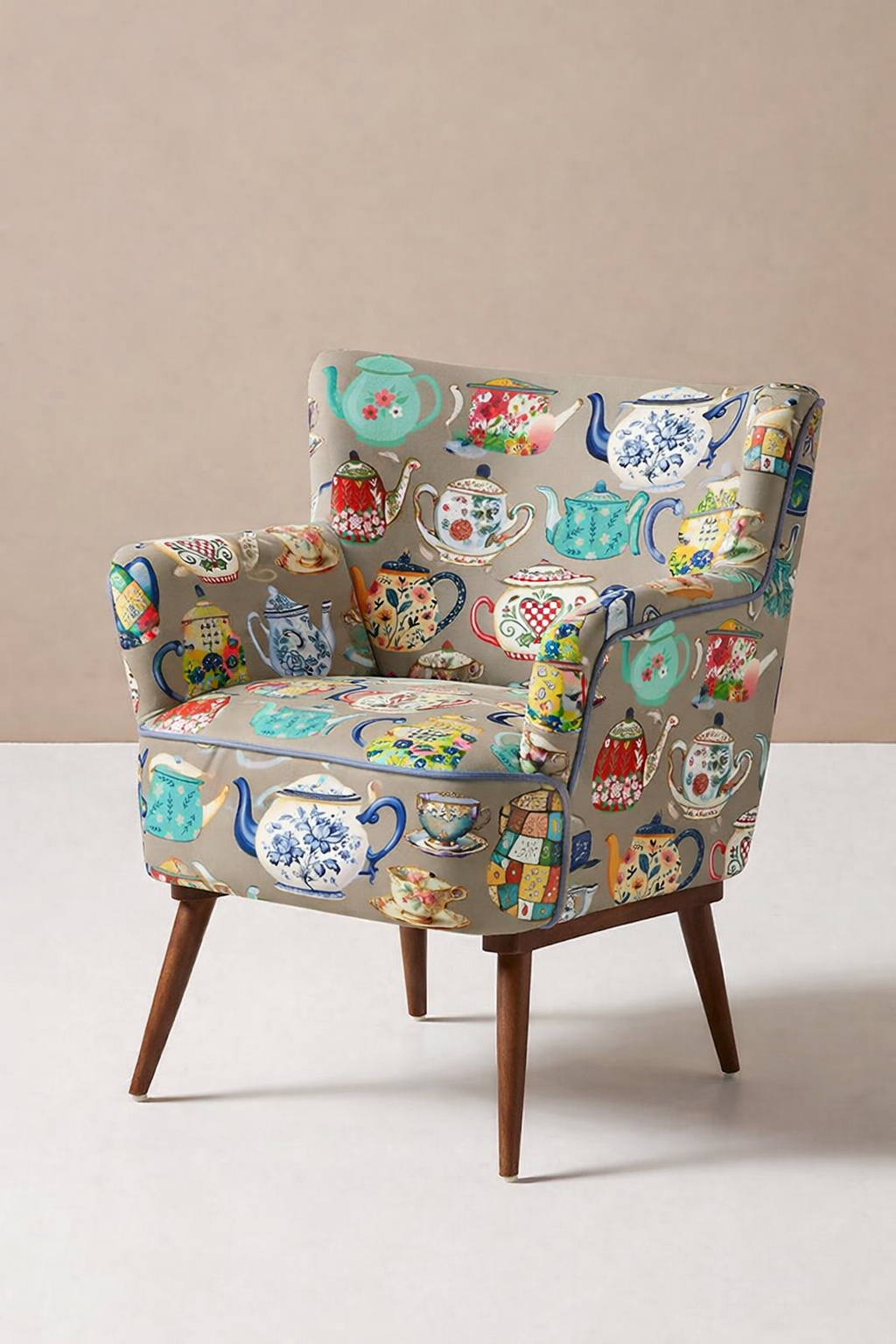 Chair with a colorful teapot pattern on a beige background